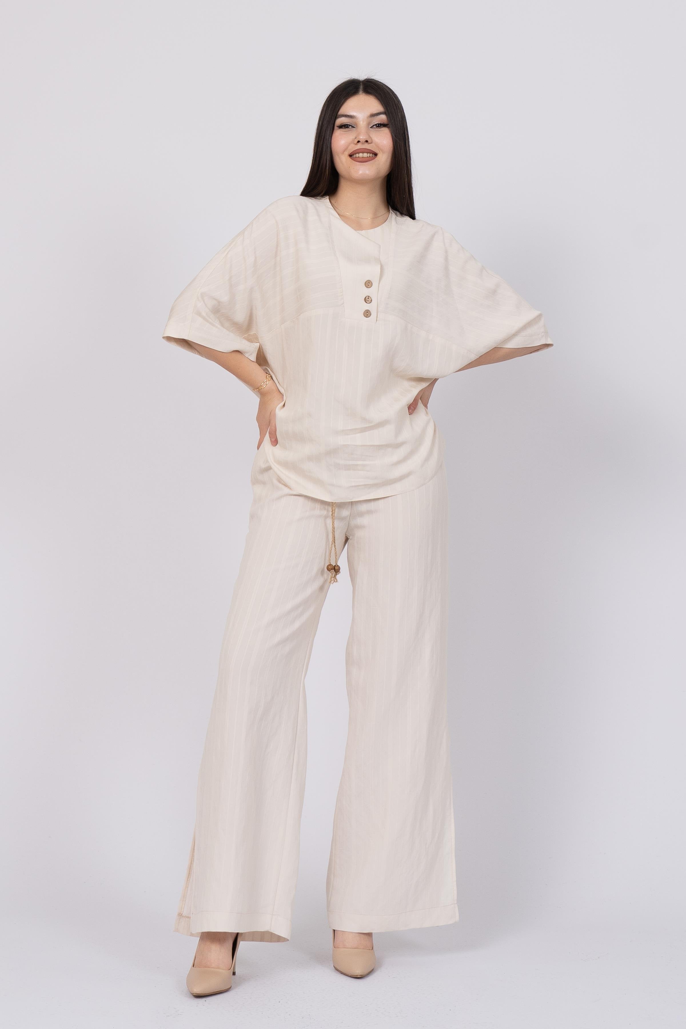 Cream Styli Model Top and Elastic Waist Side Button Detailed Trouser Set