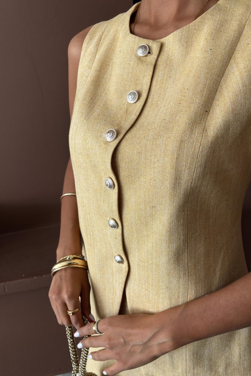 Long Vest Mini Skirt Flamed Linen Suit Beige