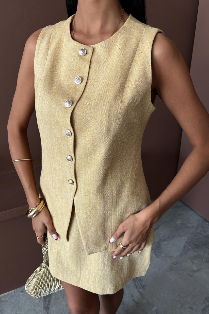 Long Vest Mini Skirt Flamed Linen Suit Beige