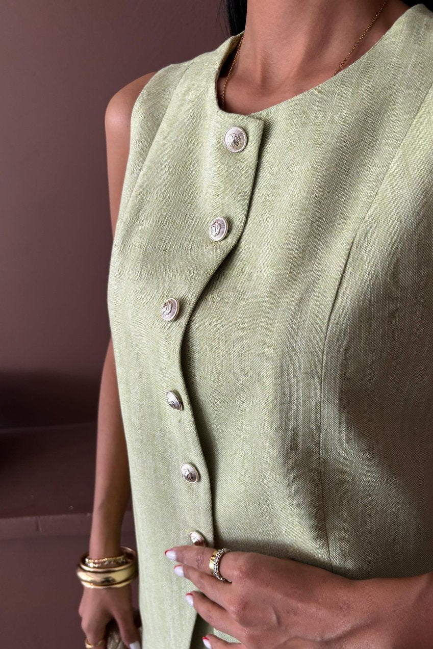 Long Vest Mini Skirt Flamed Linen Suit Silver