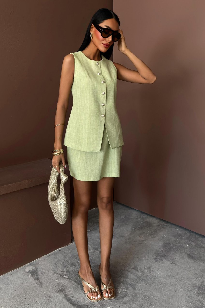Long Vest Mini Skirt Flamed Linen Suit Silver