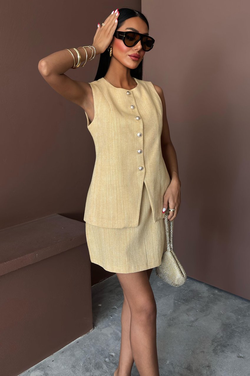 Long Vest Mini Skirt Flamed Linen Suit Beige