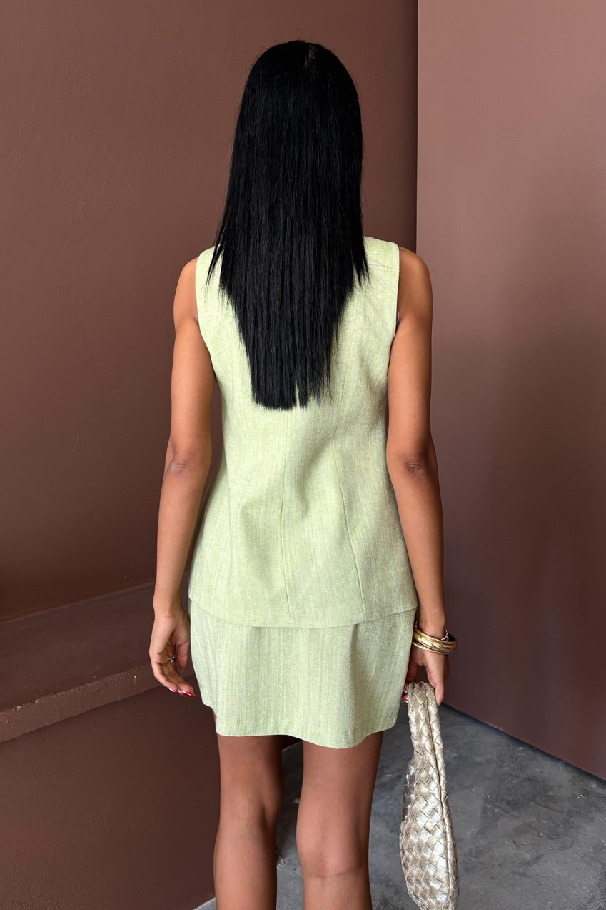 Long Vest Mini Skirt Flamed Linen Suit Silver