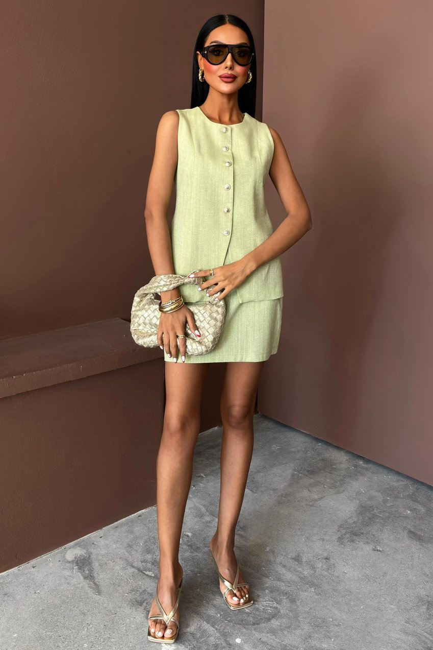 Long Vest Mini Skirt Flamed Linen Suit Silver