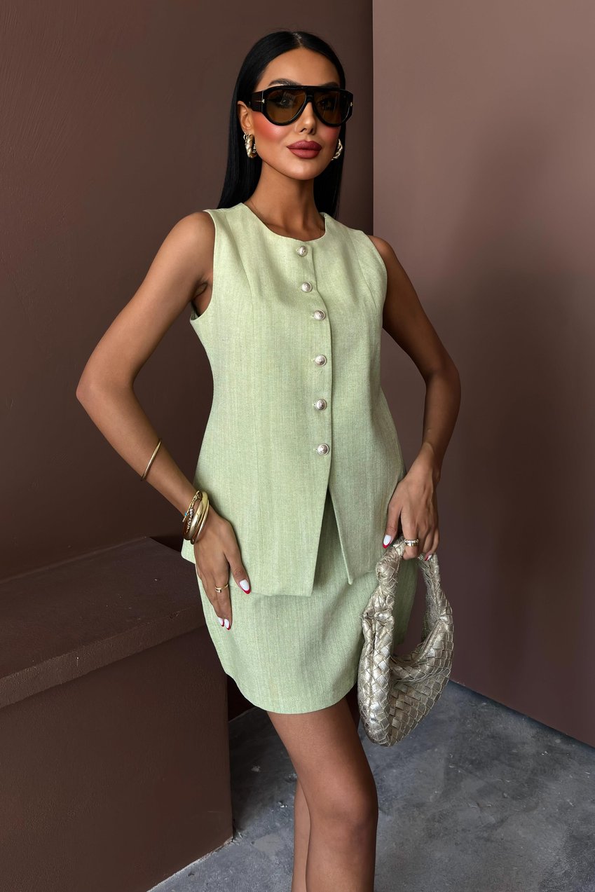 Long Vest Mini Skirt Flamed Linen Suit Silver