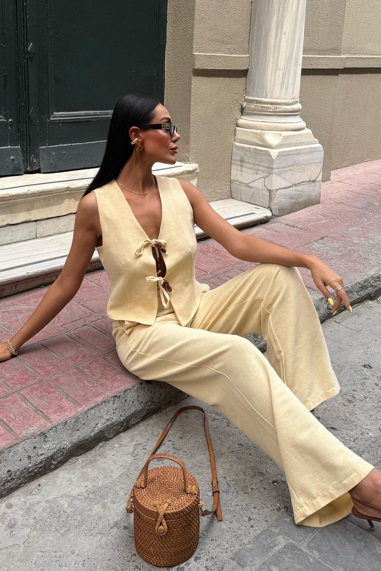 Linen Two-Piece Suit with Tied Vest Yellow