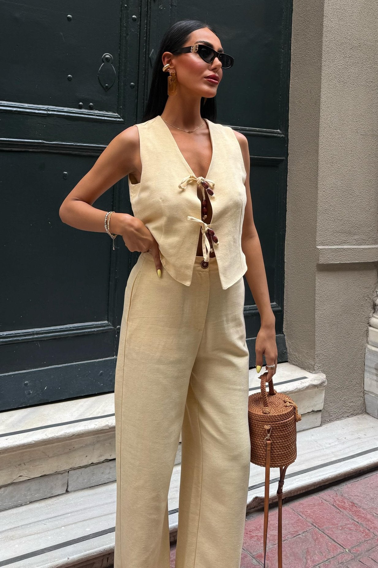 Linen Two-Piece Suit with Tied Vest Yellow