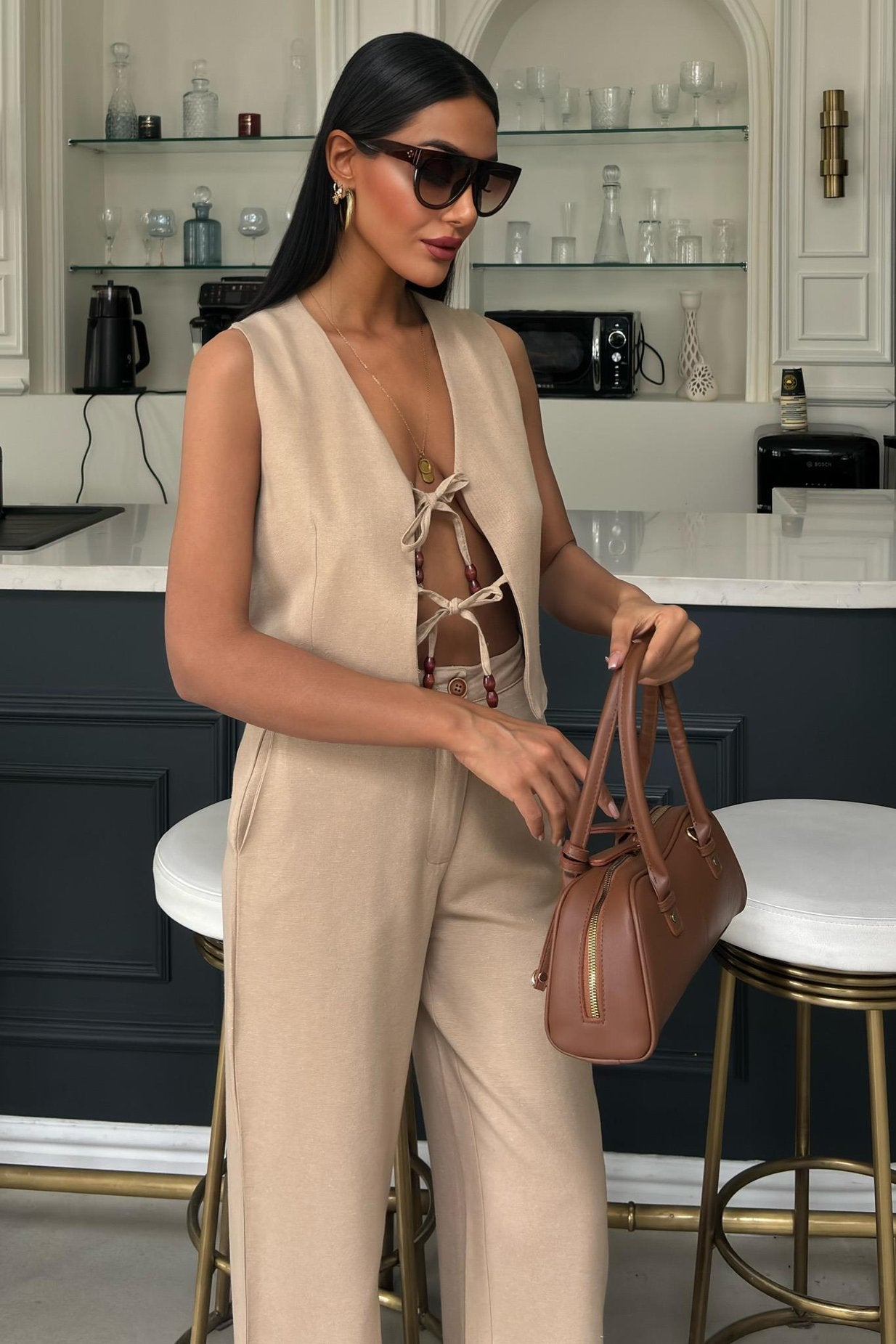 Linen Two-Piece Suit with Tied Vest beige