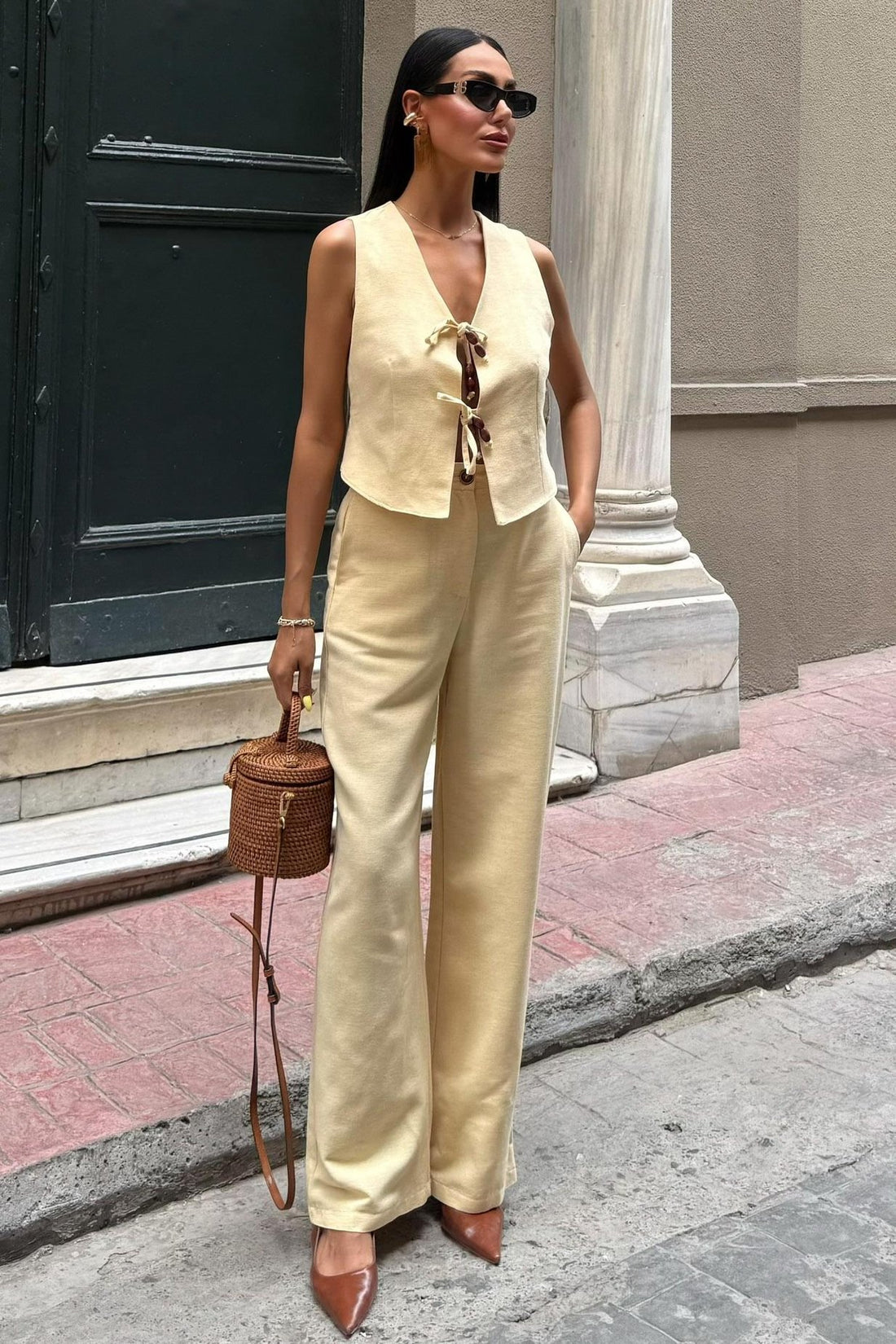 Linen Two-Piece Suit with Tied Vest Yellow