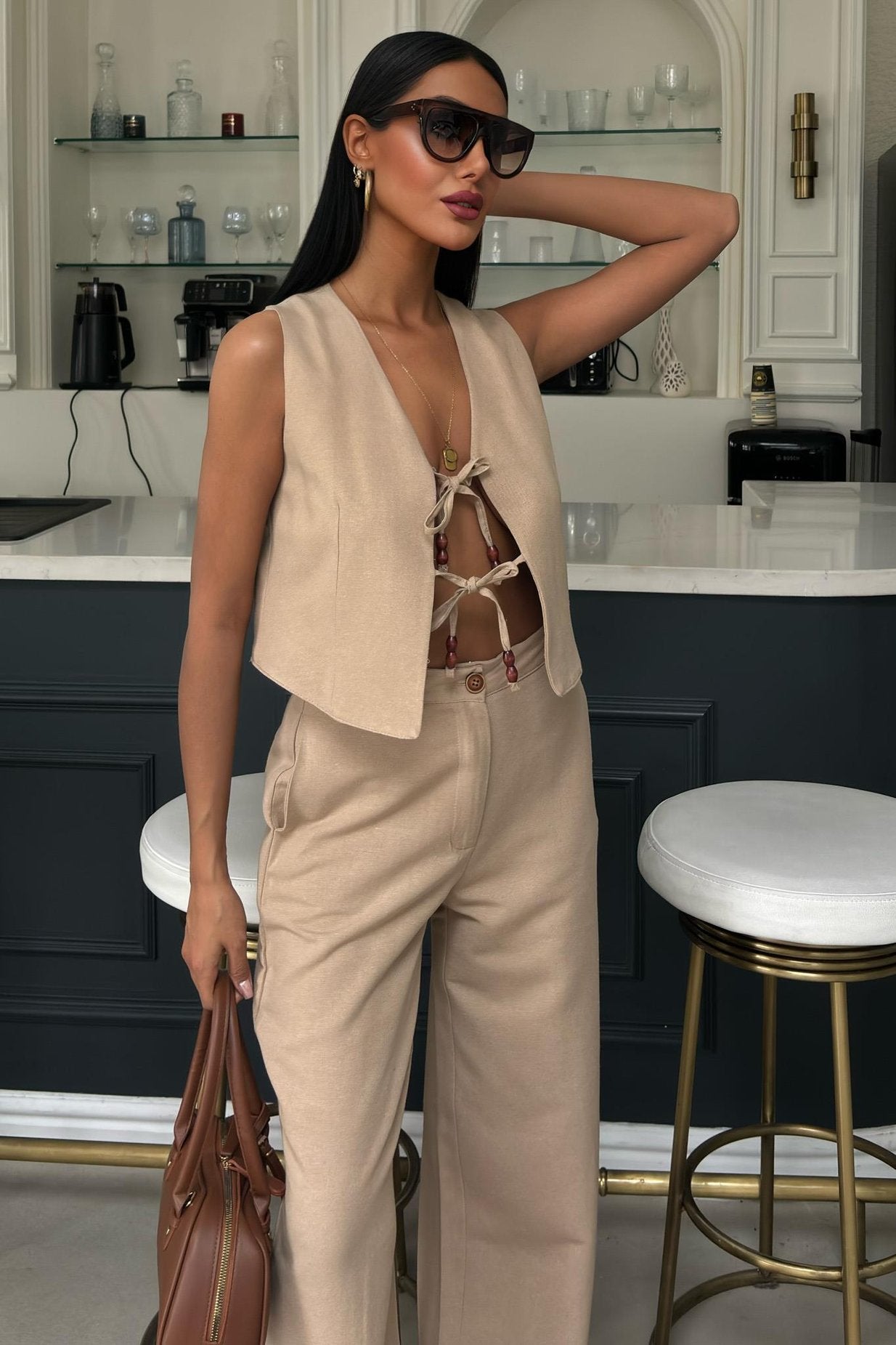 Linen Two-Piece Suit with Tied Vest beige