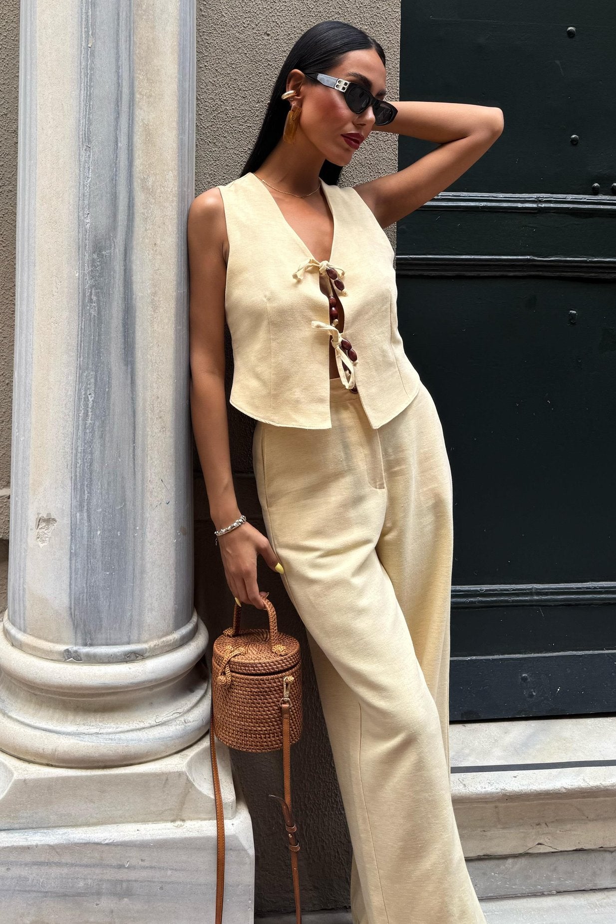 Linen Two-Piece Suit with Tied Vest Yellow