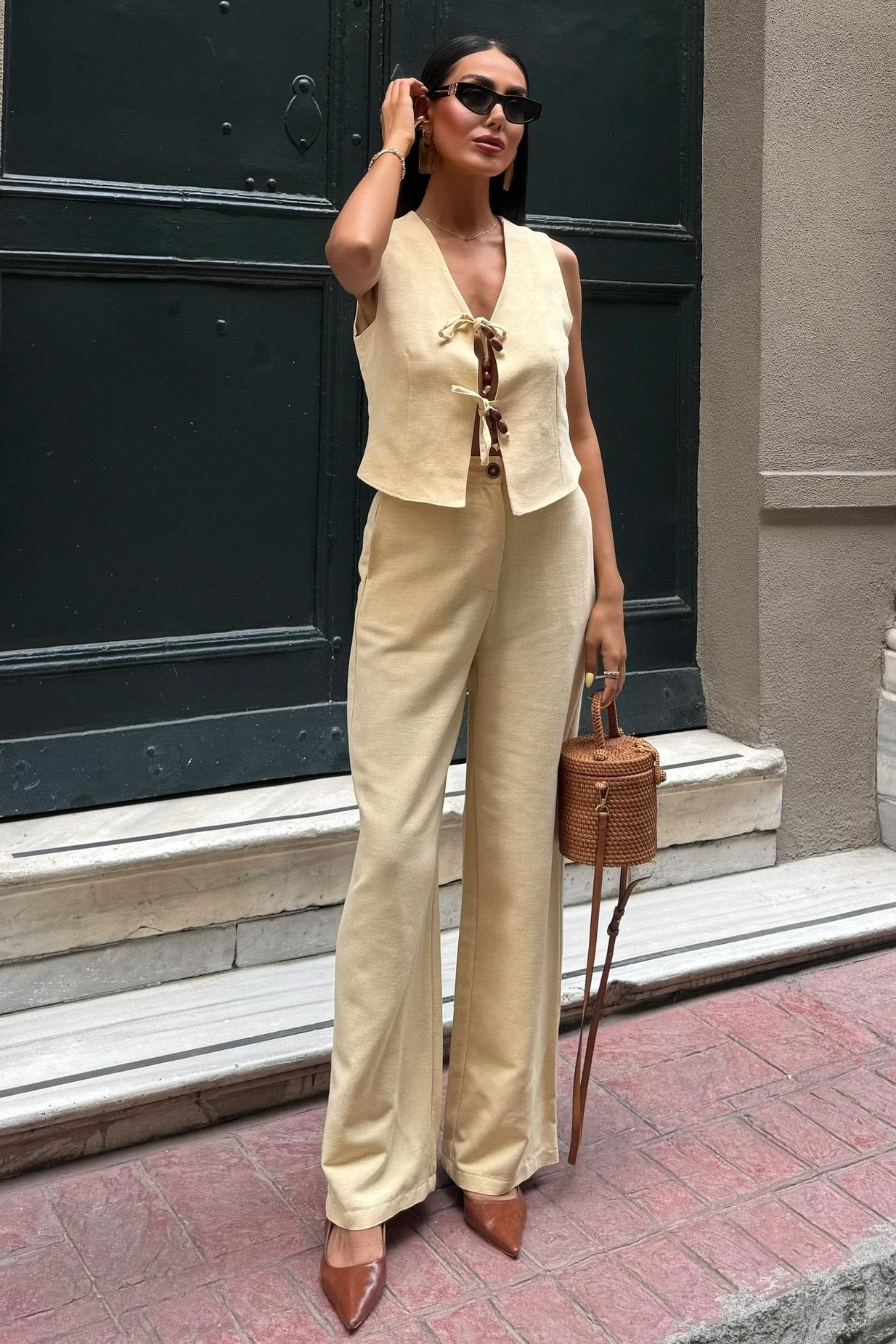 Linen Two-Piece Suit with Tied Vest Yellow
