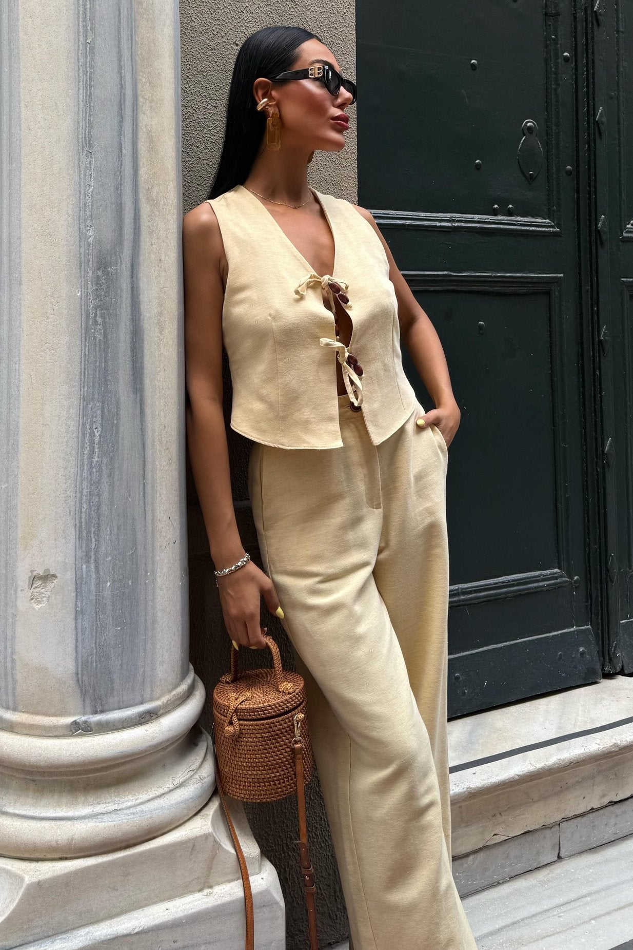 Linen Two-Piece Suit with Tied Vest Yellow