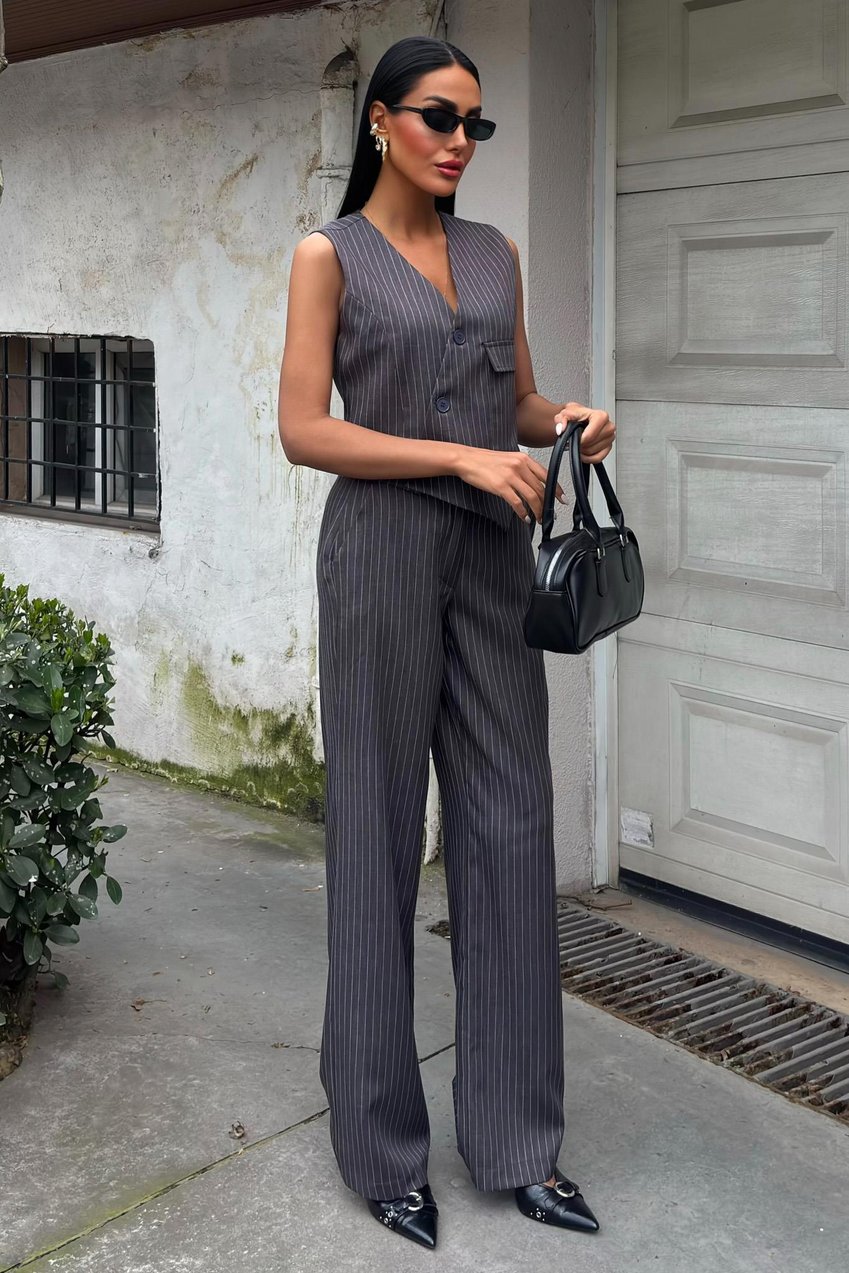 Vest Cross Detail Buttoned Pocket Vest Suit Grey