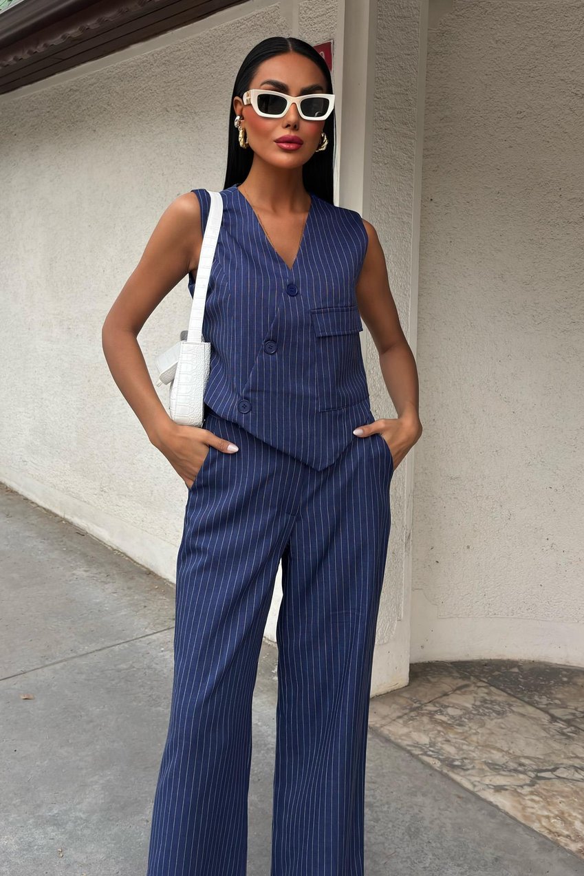 Vest Cross Detail Buttoned Pocket Vest Suit Blue