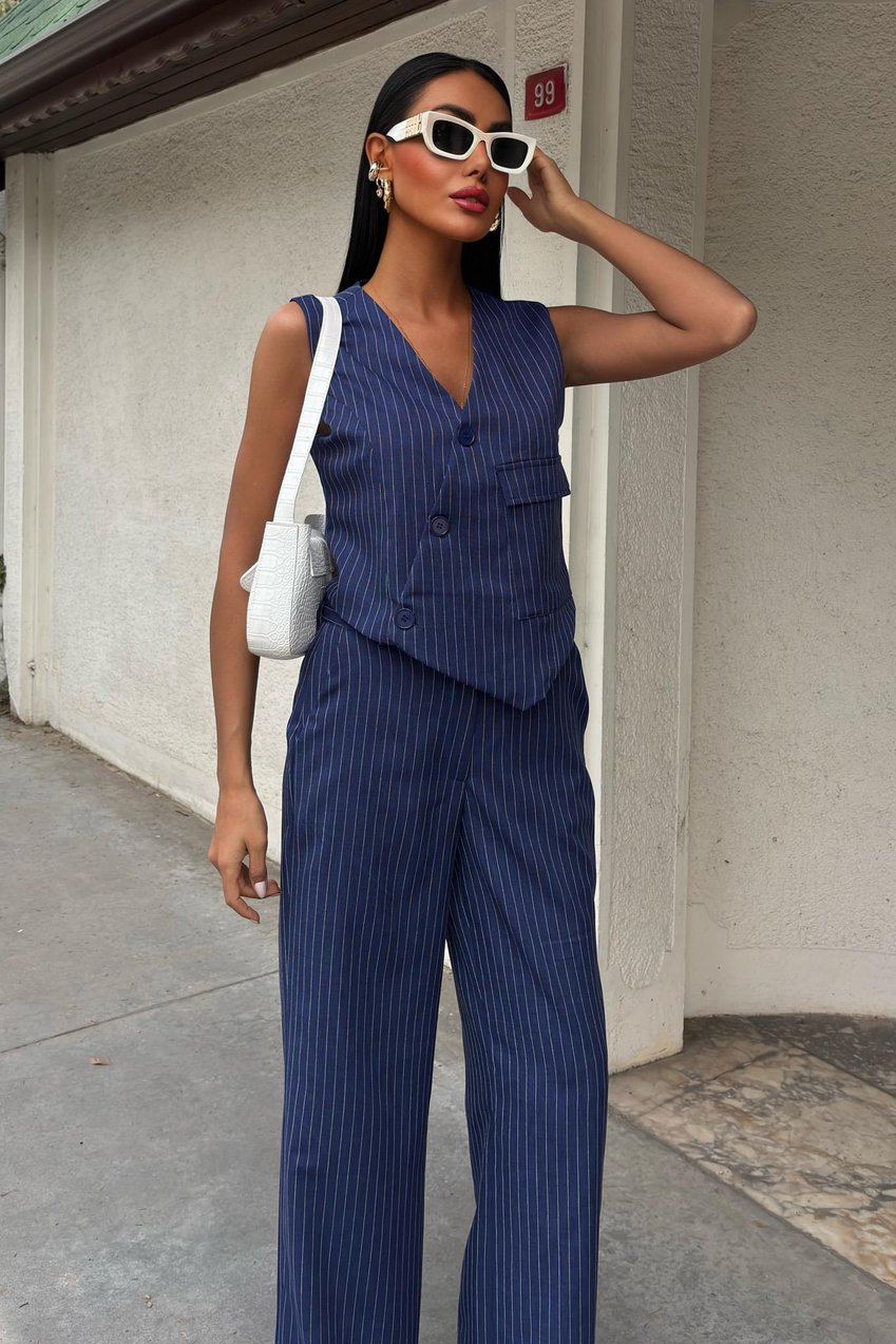 Vest Cross Detail Buttoned Pocket Vest Suit Blue