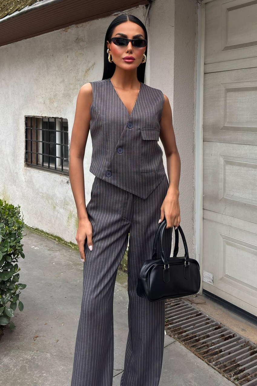 Vest Cross Detail Buttoned Pocket Vest Suit Grey