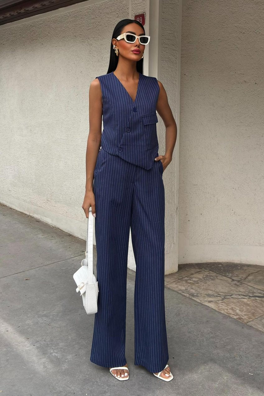 Vest Cross Detail Buttoned Pocket Vest Suit Blue