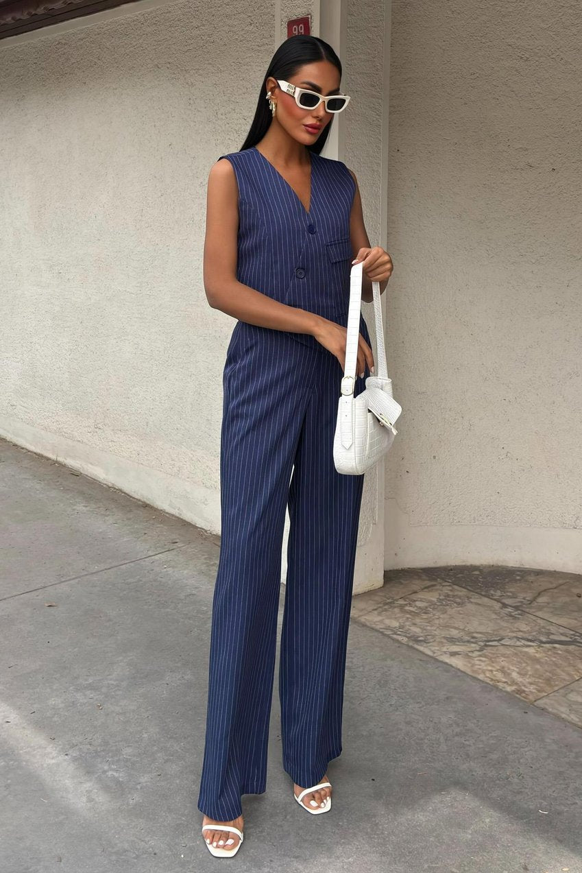 Vest Cross Detail Buttoned Pocket Vest Suit Blue