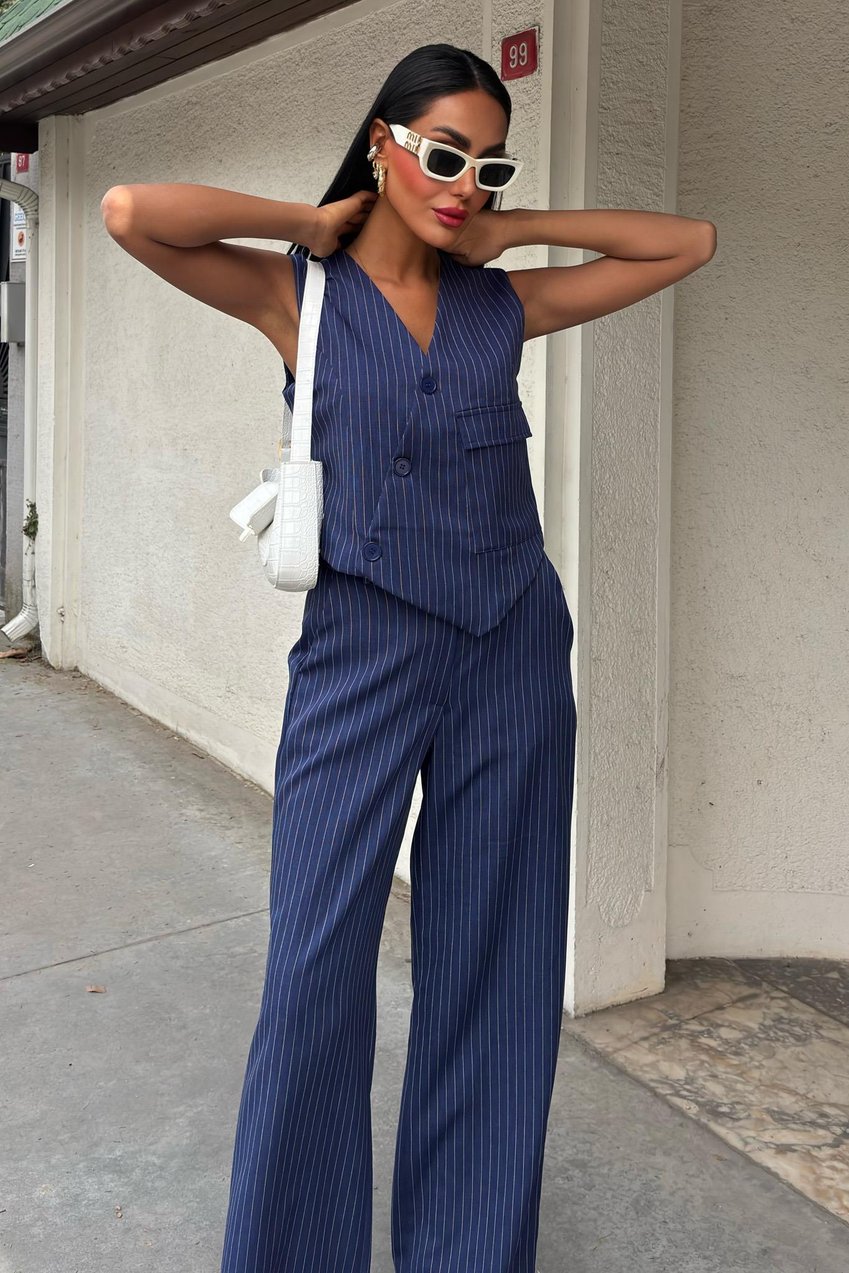 Vest Cross Detail Buttoned Pocket Vest Suit Blue