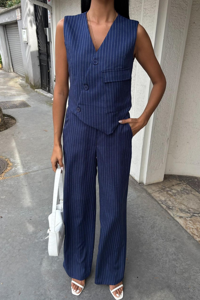 Vest Cross Detail Buttoned Pocket Vest Suit Blue