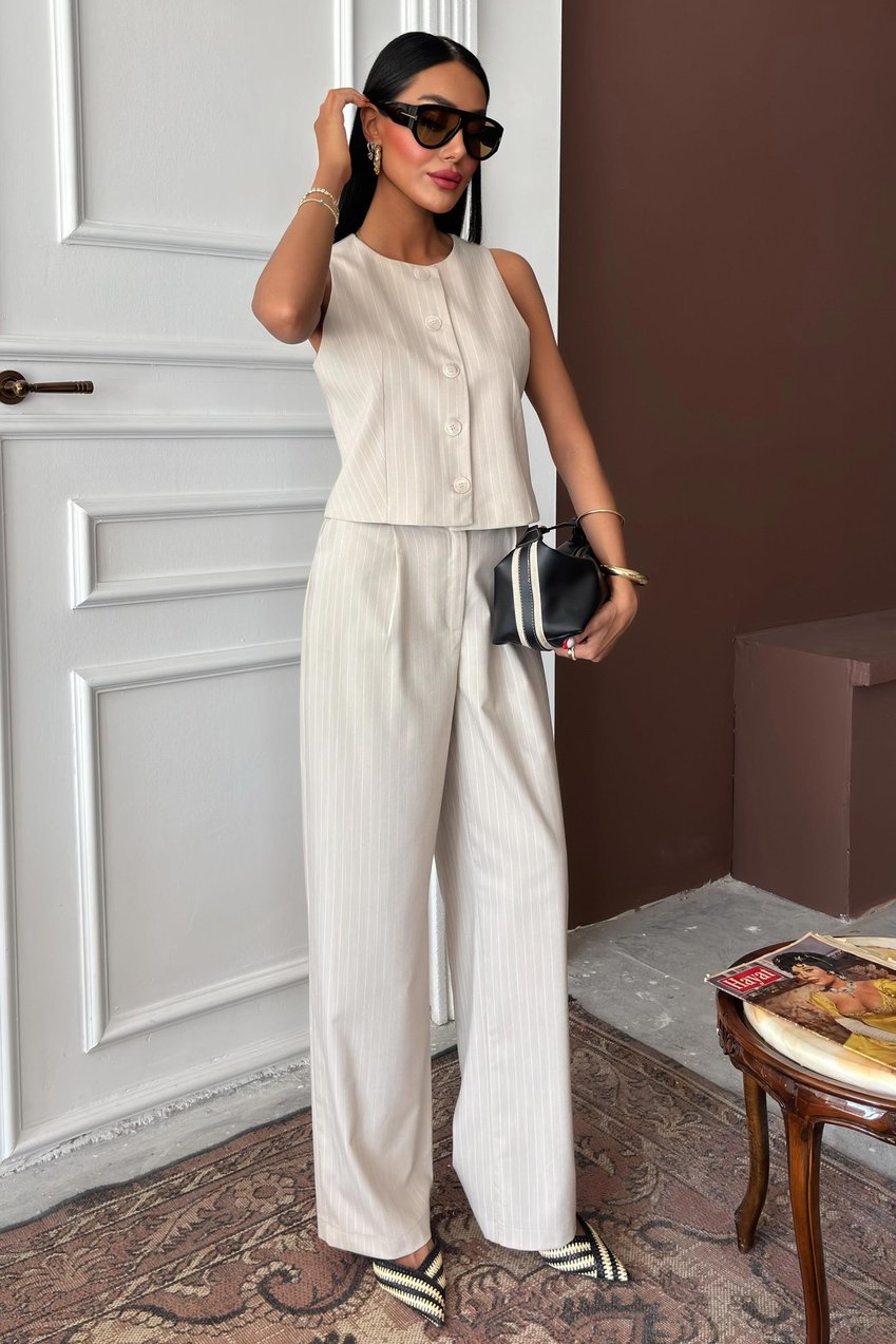 Vest Plazzo Trousers Striped Flame Poliviscon Suit Beige