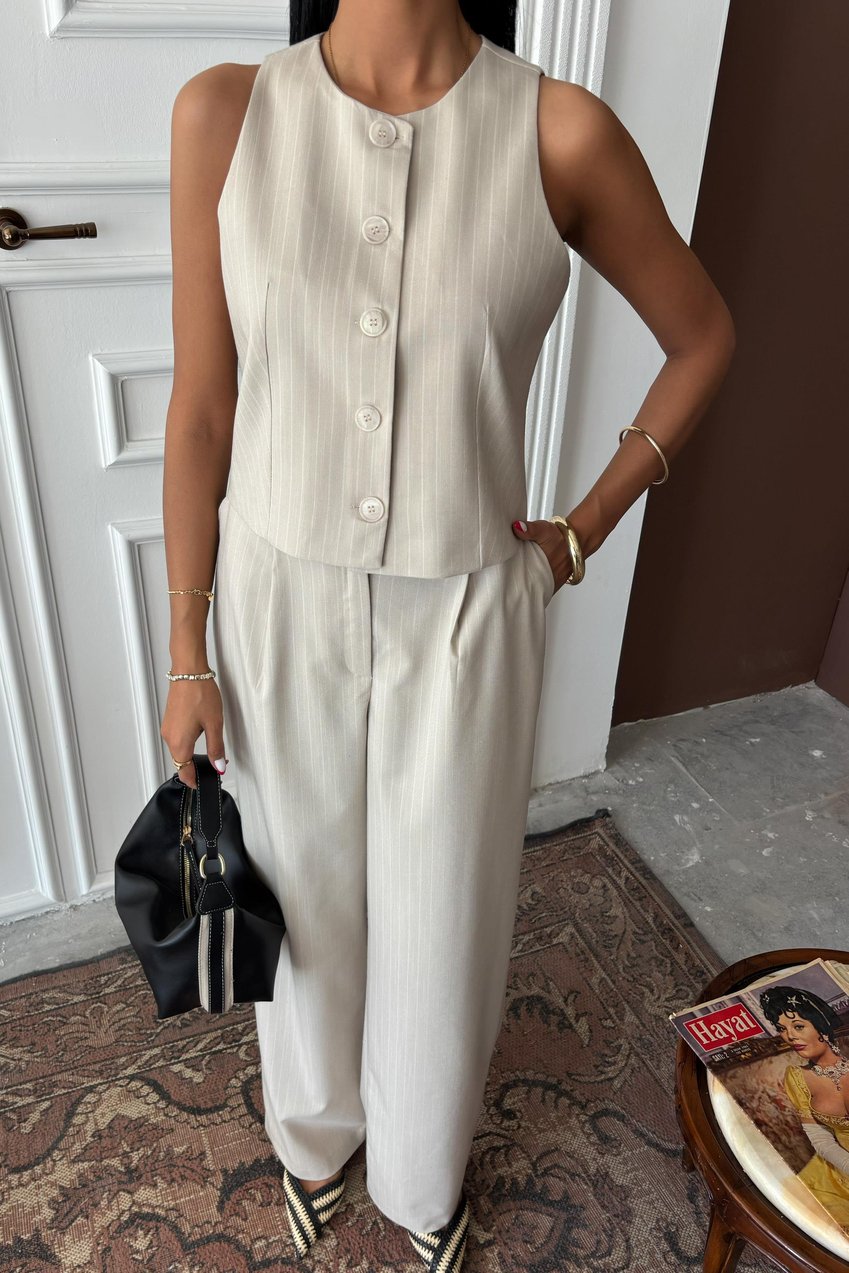 Vest Plazzo Trousers Striped Flame Poliviscon Suit Beige