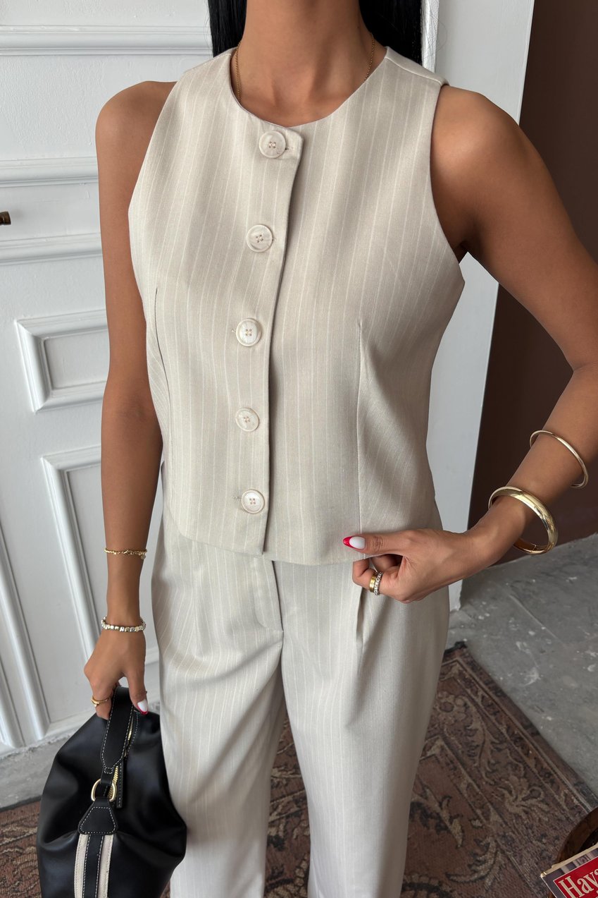 Vest Plazzo Trousers Striped Flame Poliviscon Suit Beige