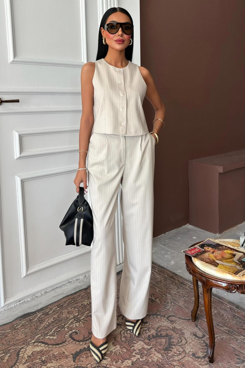 Vest Plazzo Trousers Striped Flame Poliviscon Suit Beige