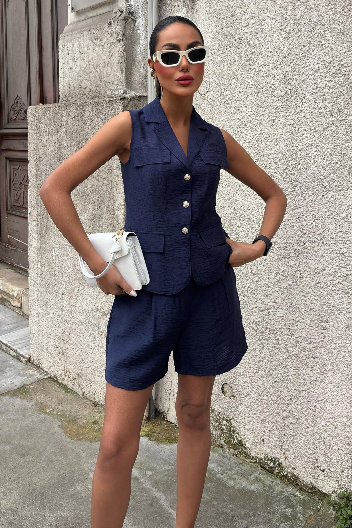 Vest Shorts Viscose Suit Blue