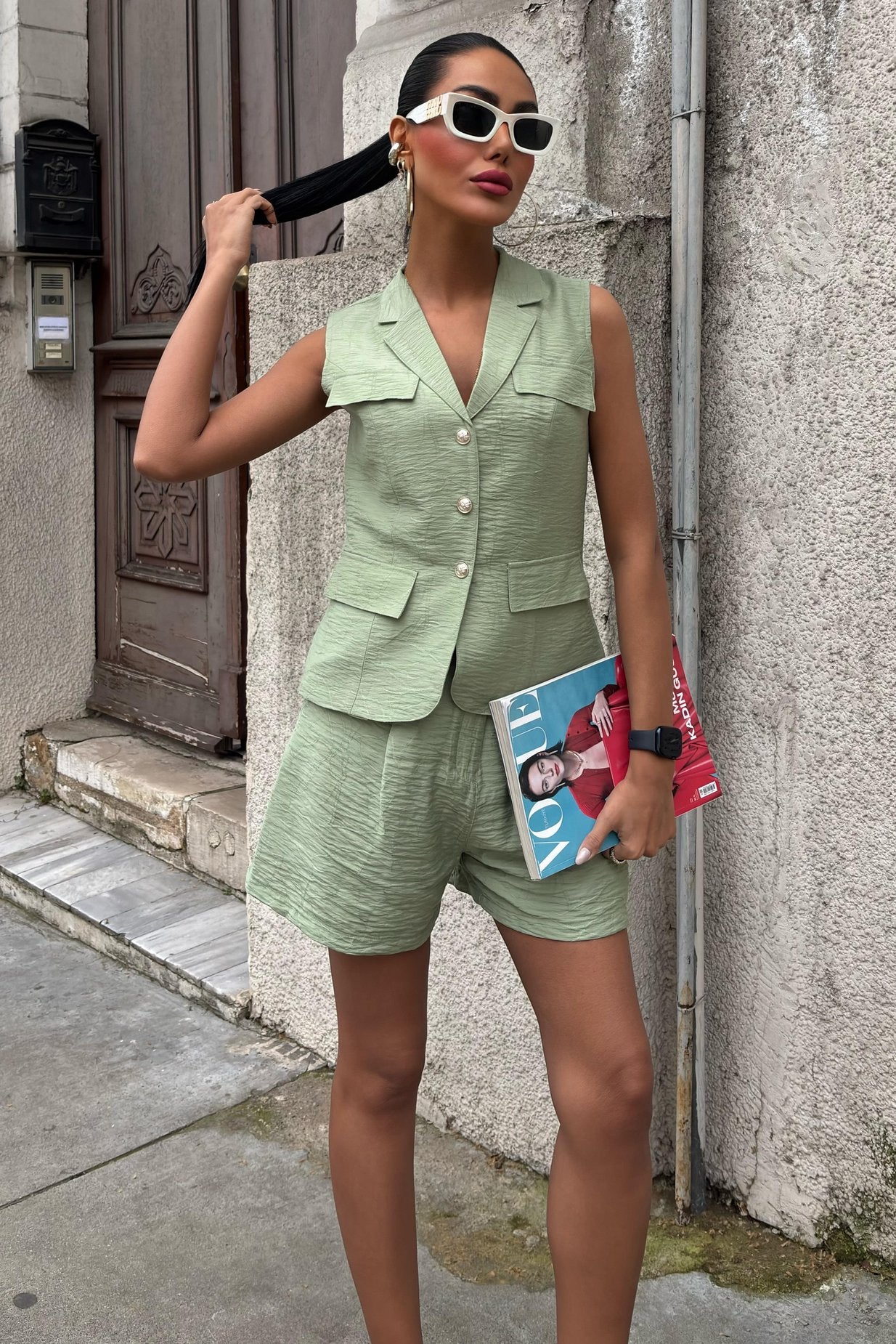 Vest Shorts Viscose Suit Green