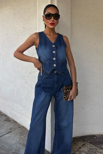 Denim Suit with Vest and Palazzo Pants Blue