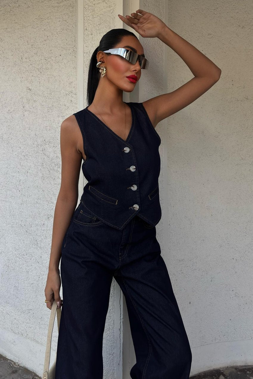Denim Suit with Vest and Palazzo Pants Dark blue
