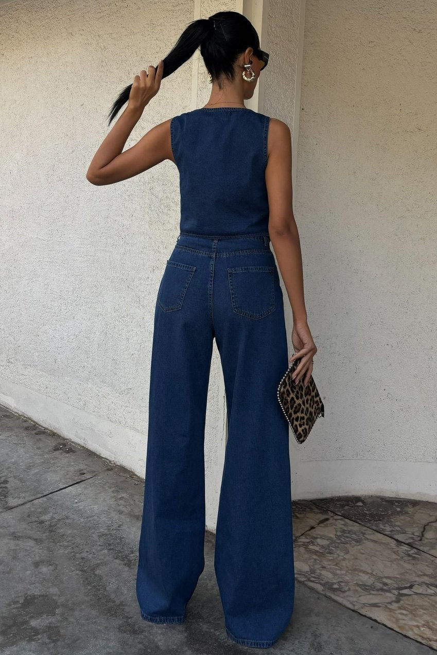 Denim Suit with Vest and Palazzo Pants Blue