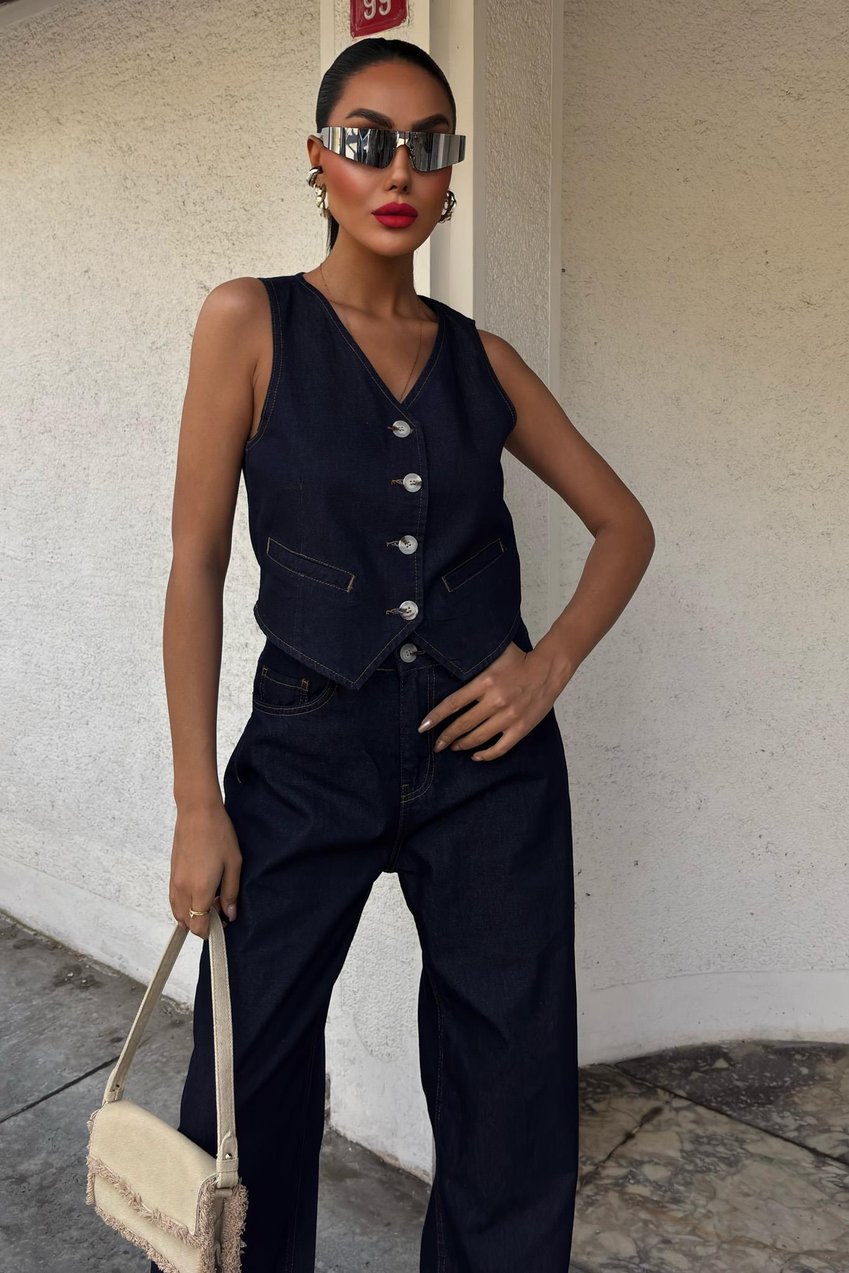 Denim Suit with Vest and Palazzo Pants Dark blue