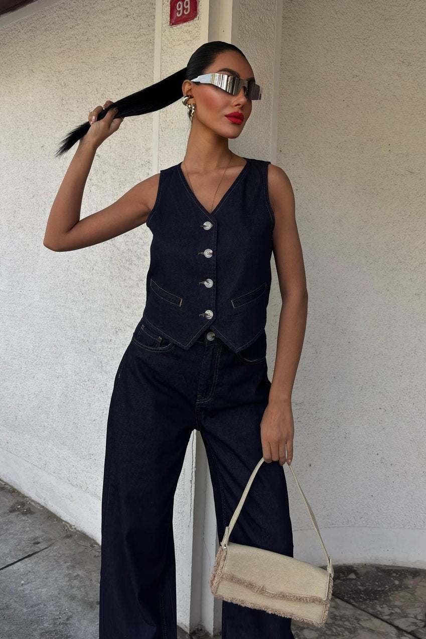 Denim Suit with Vest and Palazzo Pants Dark blue