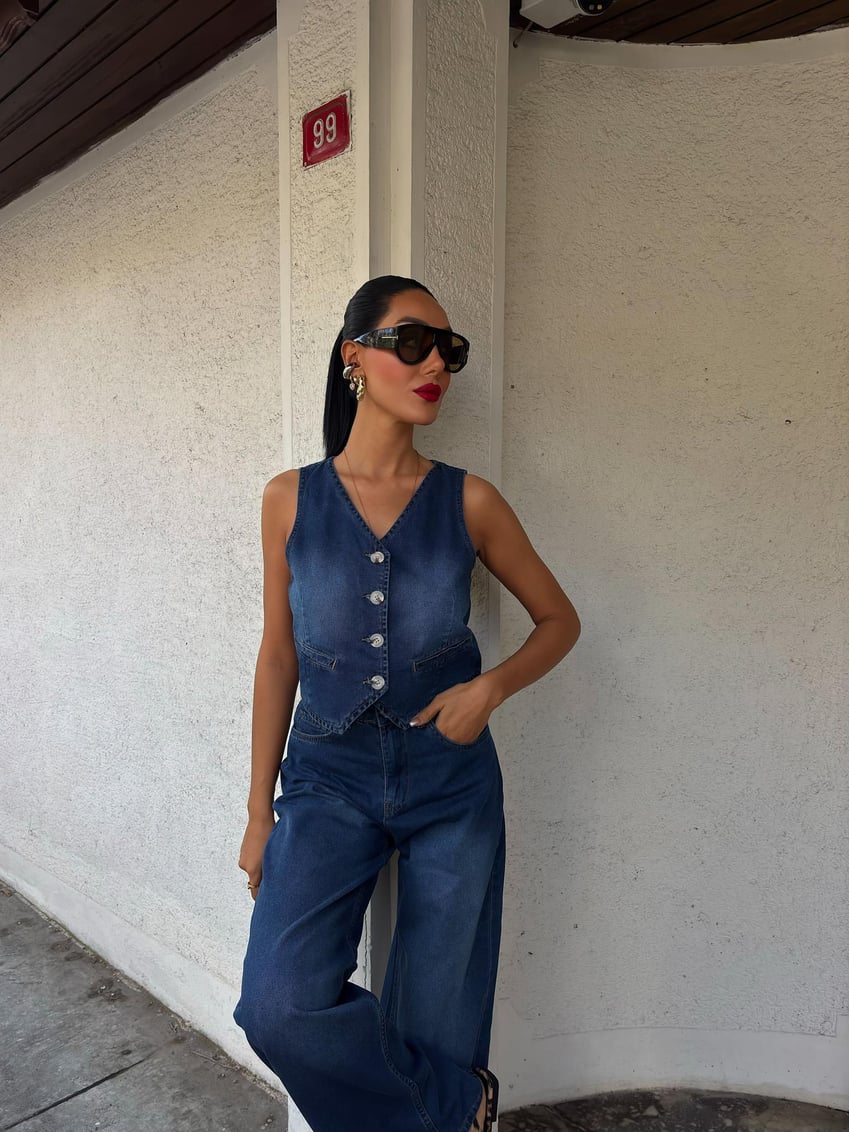 Denim Suit with Vest and Palazzo Pants Blue