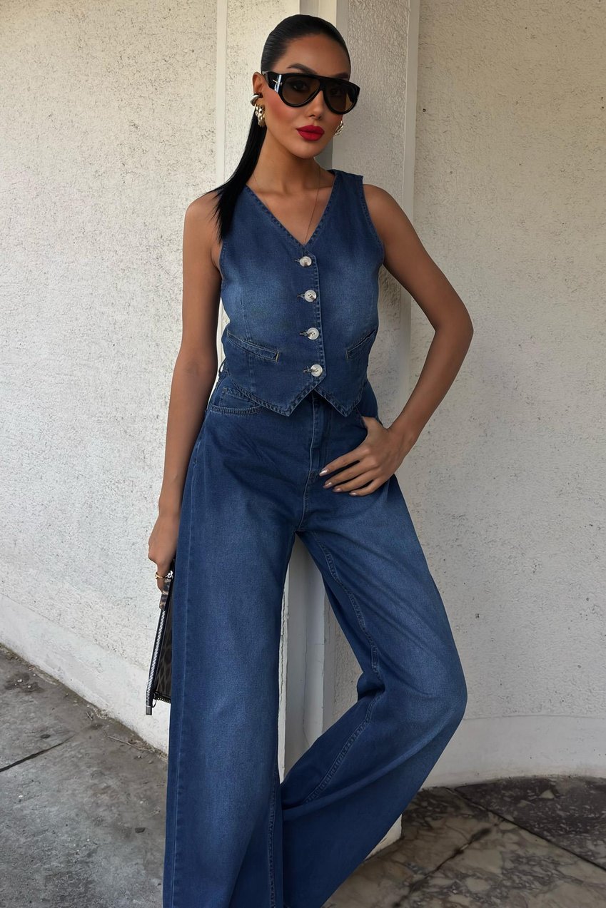 Denim Suit with Vest and Palazzo Pants Blue