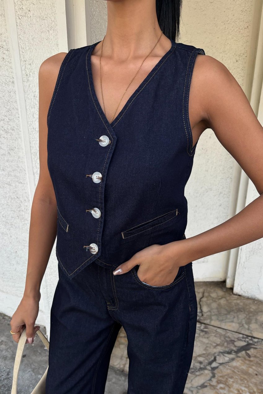 Denim Suit with Vest and Palazzo Pants Dark blue