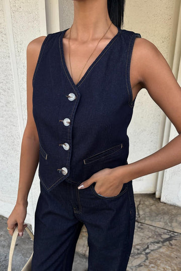 Denim Suit with Vest and Palazzo Pants Dark blue