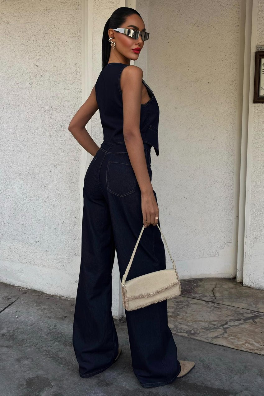 Denim Suit with Vest and Palazzo Pants Dark blue