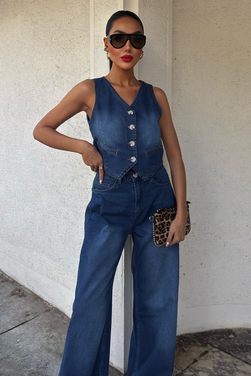 Denim Suit with Vest and Palazzo Pants Blue
