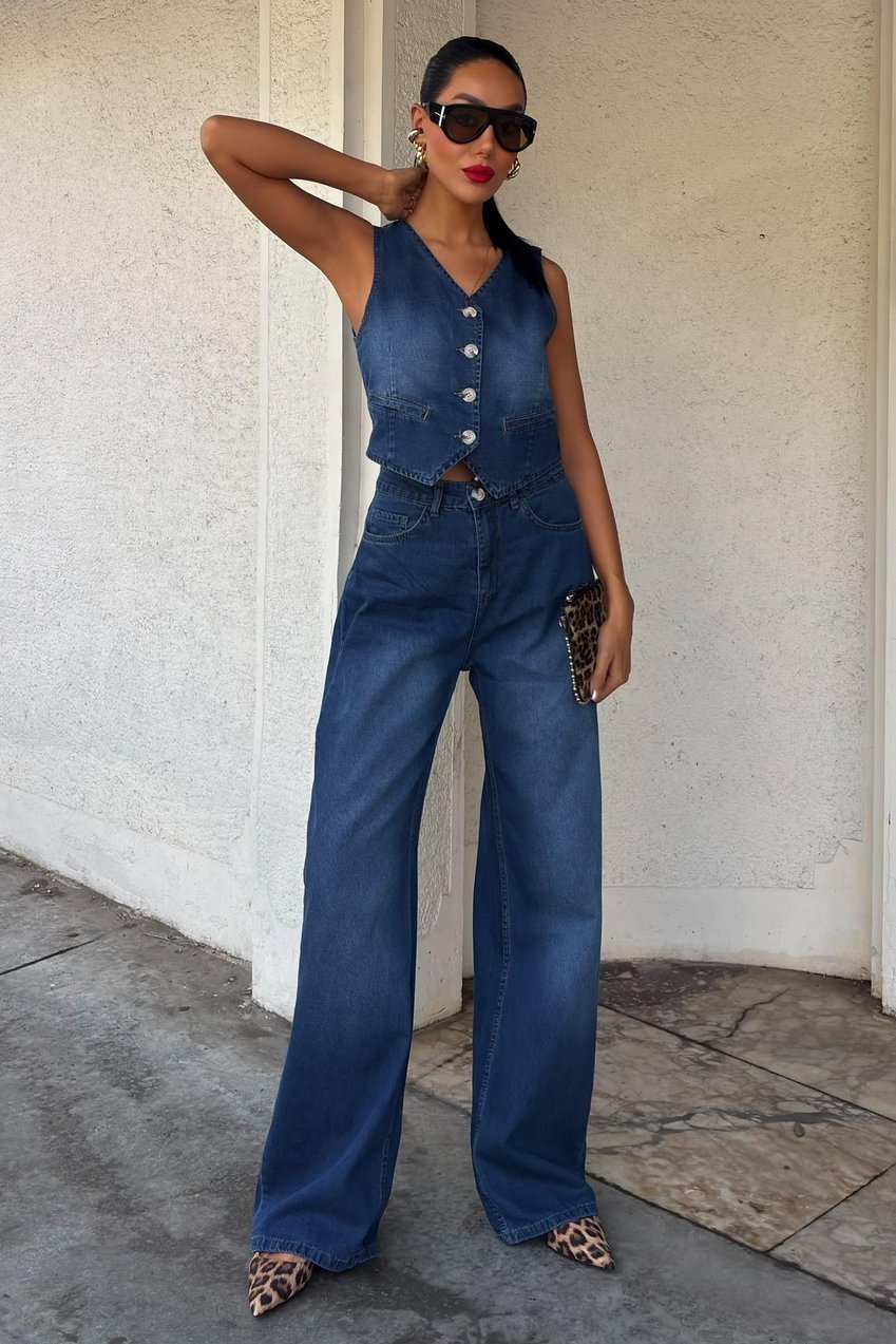 Denim Suit with Vest and Palazzo Pants Blue