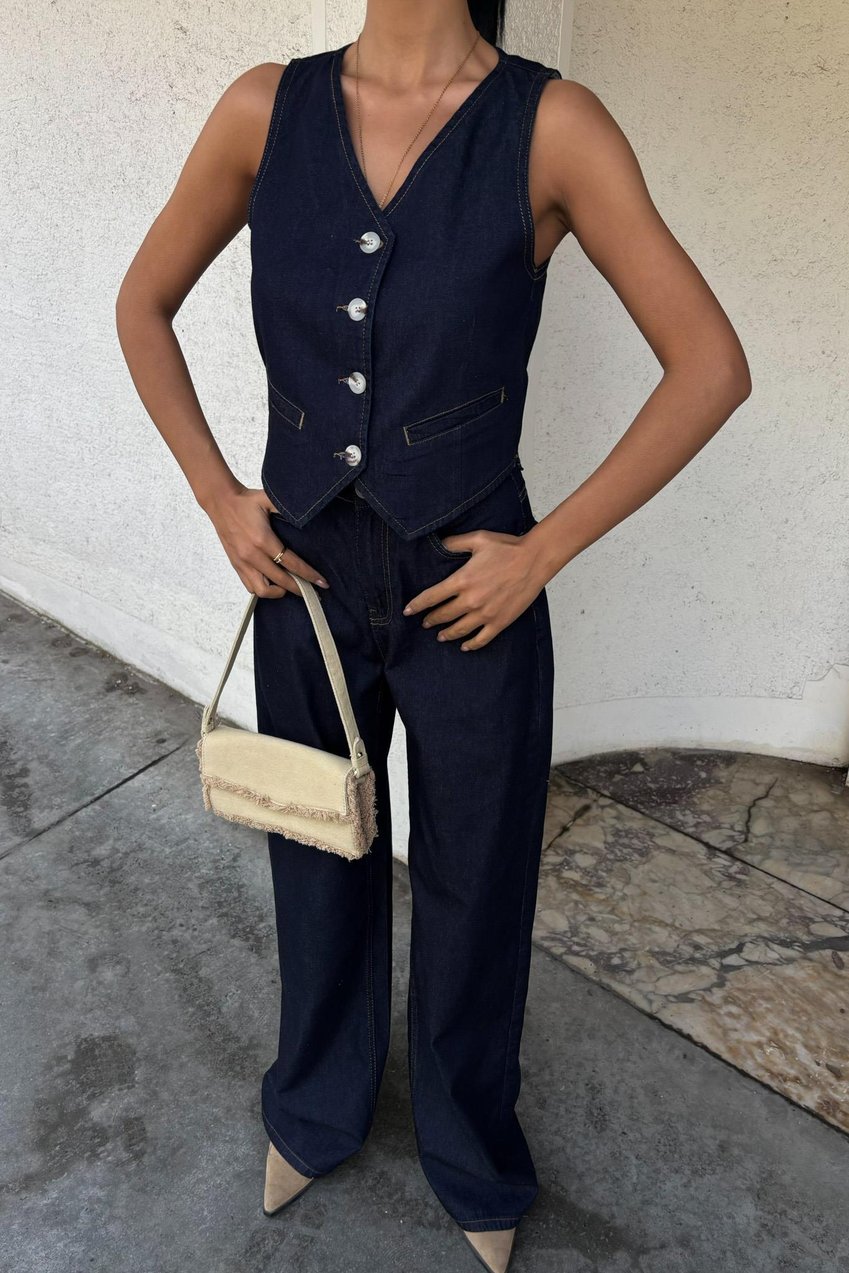Denim Suit with Vest and Palazzo Pants Dark blue
