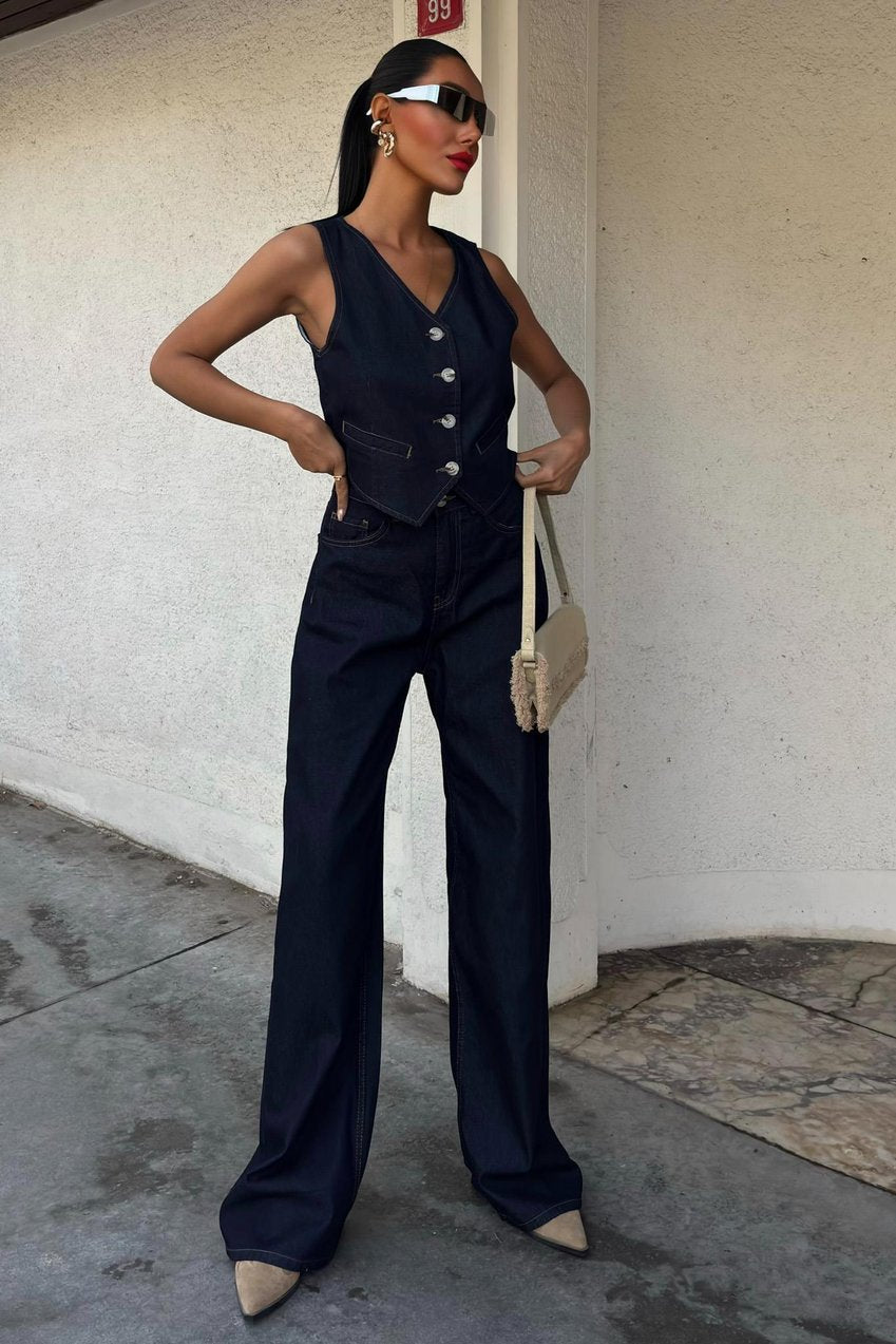 Denim Suit with Vest and Palazzo Pants Dark blue