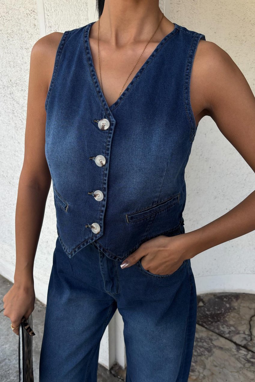 Denim Suit with Vest and Palazzo Pants Blue