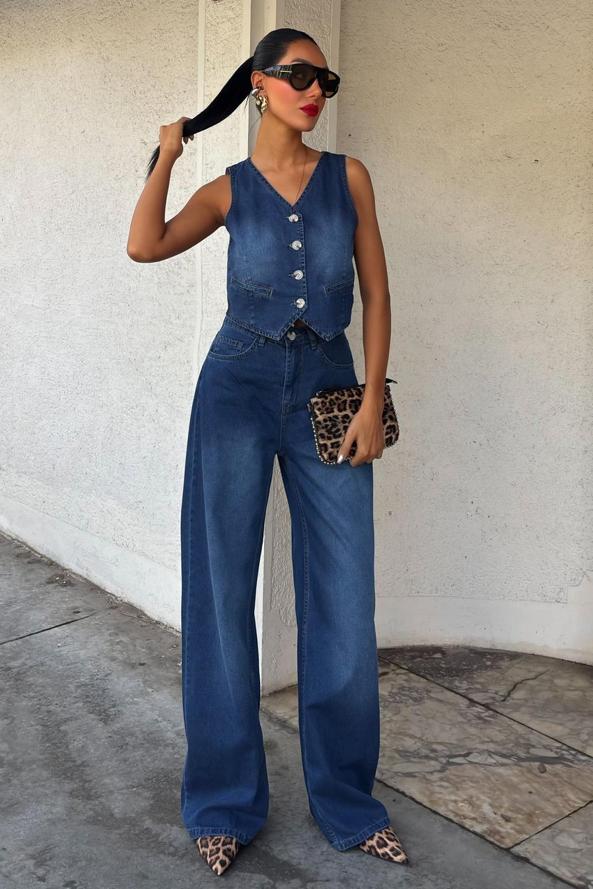 Denim Suit with Vest and Palazzo Pants Blue