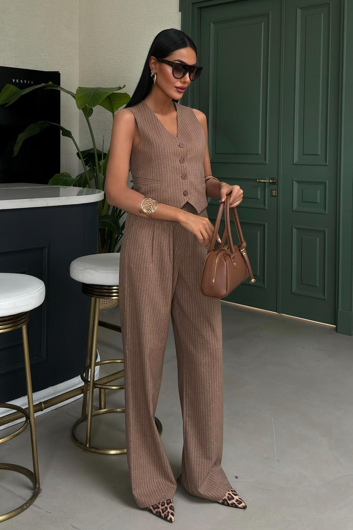 Striped Double Suit with Vest and Trousers Brown