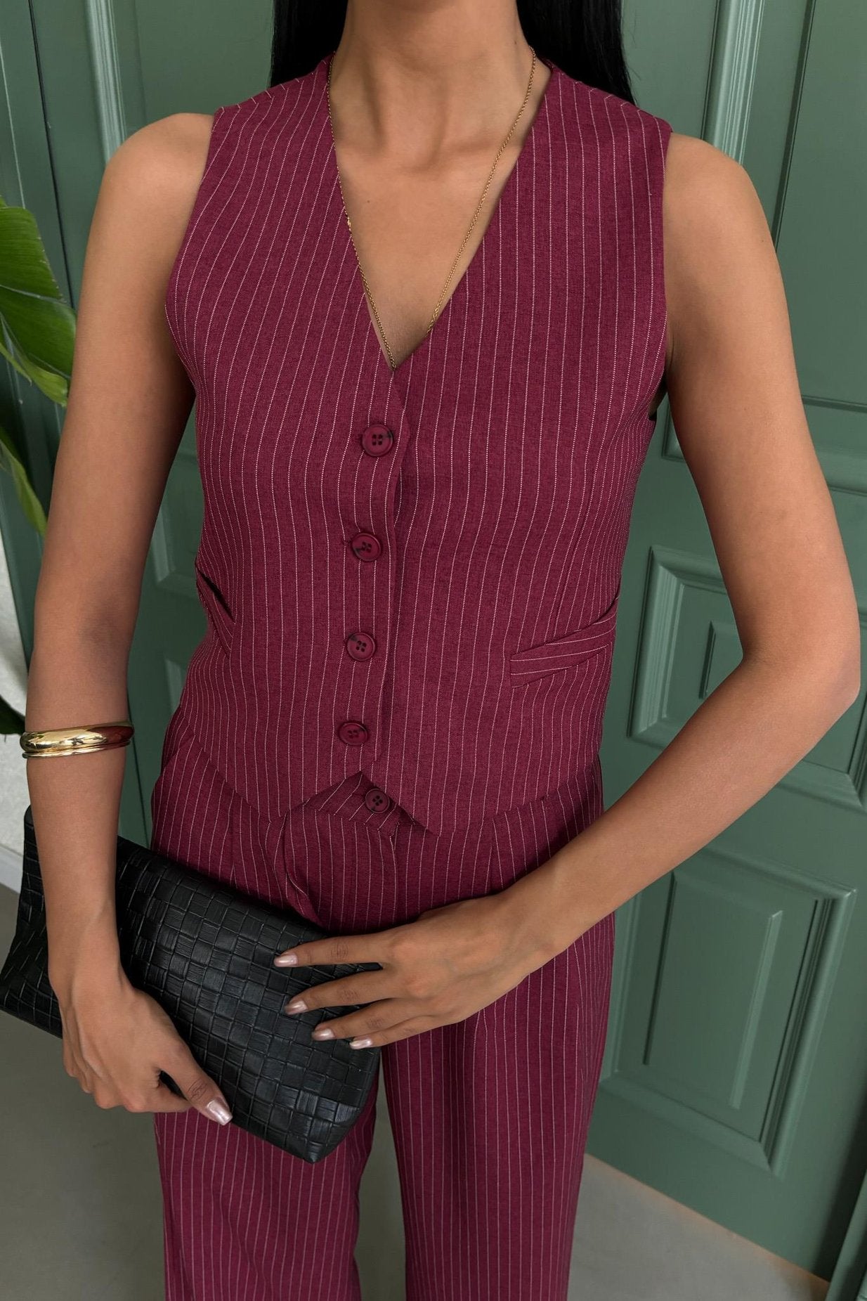 Striped Double Suit with Vest and Trousers Wine