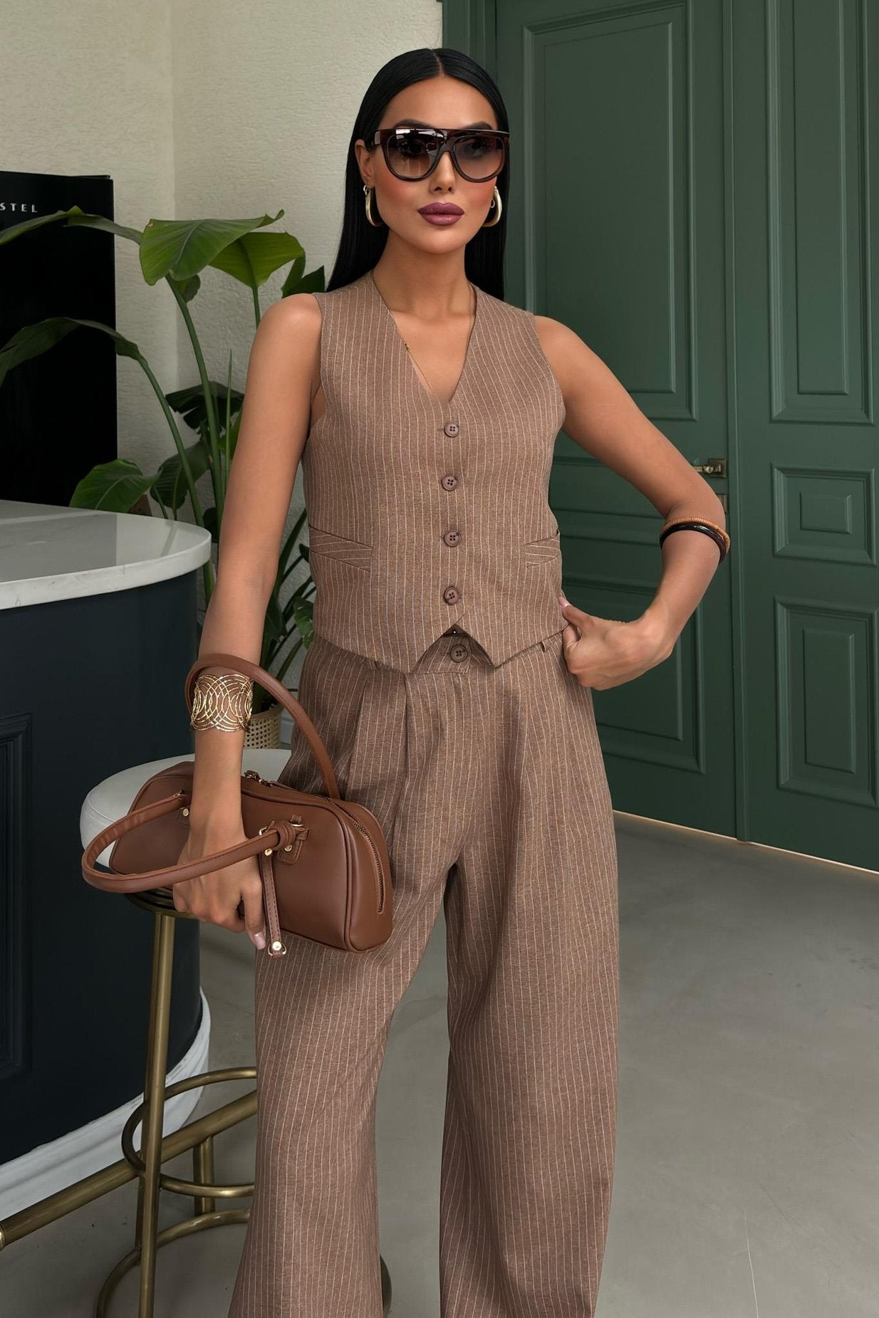 Striped Double Suit with Vest and Trousers Brown